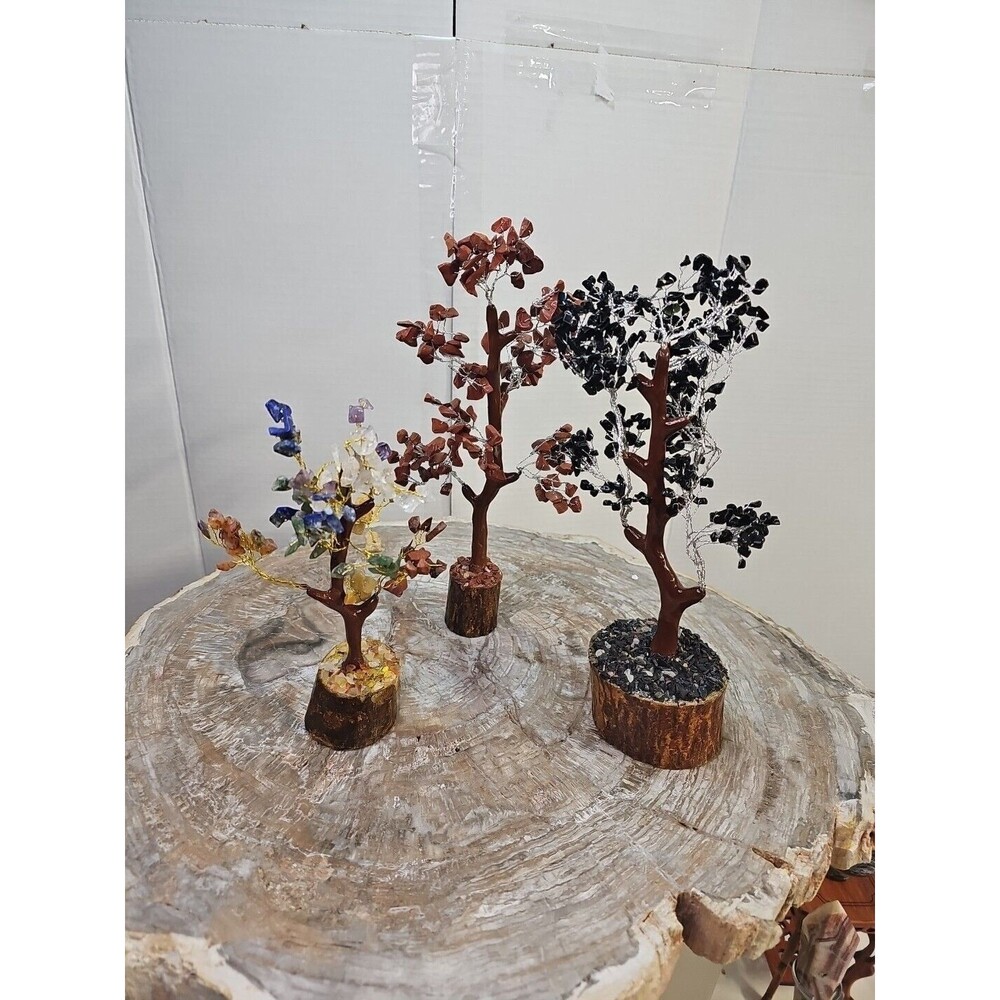 3 Pcs 300 Carnelian+Amet hyst+Crystal Gemstones Golden Branches Bonsai Tree - Picture 2 of 12